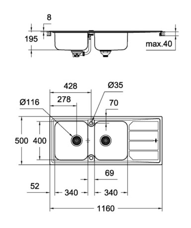 Кухонна мийка сталева Grohe K500, 116x50 (31588SD0)