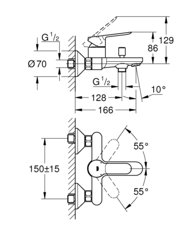 Смеситель для ванны Grohe BauEdge, однорычажный, хром (23605000)