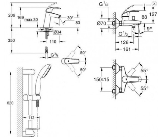 Комплект смесителей 3 в 1 Grohe Eurosmart, хром (UA123246M0)