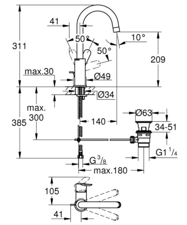 Cмеситель для умывальника Grohe BauEdge, однорычажный, хром (23760000)