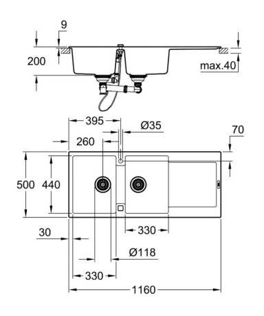 Кухонна мийка гранітна Grohe K500, 116x50, чорний (31647AP0)