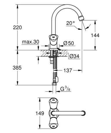 Cмеситель для умывальника Grohe Costa, двухвентильный, хром (21338001)